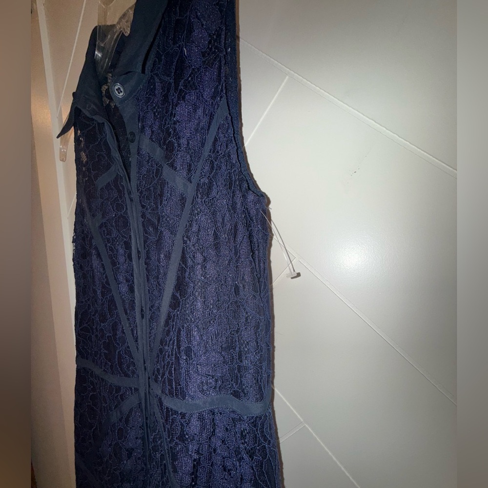 Aidan Mattox sz 4 twilight blue floor length lace gown dress buttons collar $700 - Picture 7 of 16